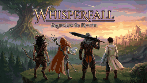 Whisperfall — Segredos de Kivirin: quatro heróis de costas, olhando o vale e a cidade de Aurin ao longe